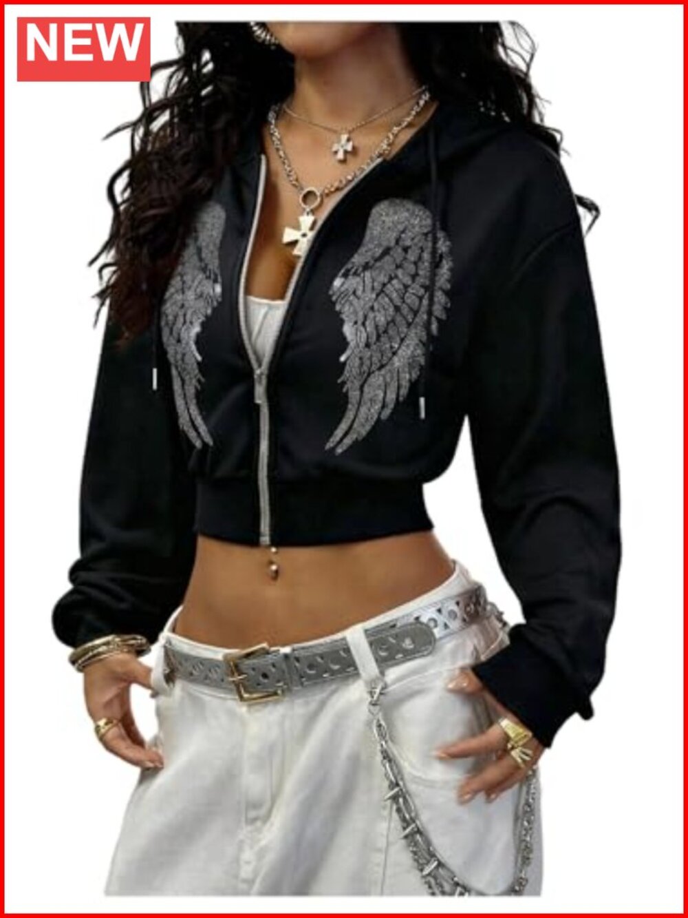 Y2k Gothic Graphic Cropped Hoodie Sparkly Rhinestone Zip Slim Fit